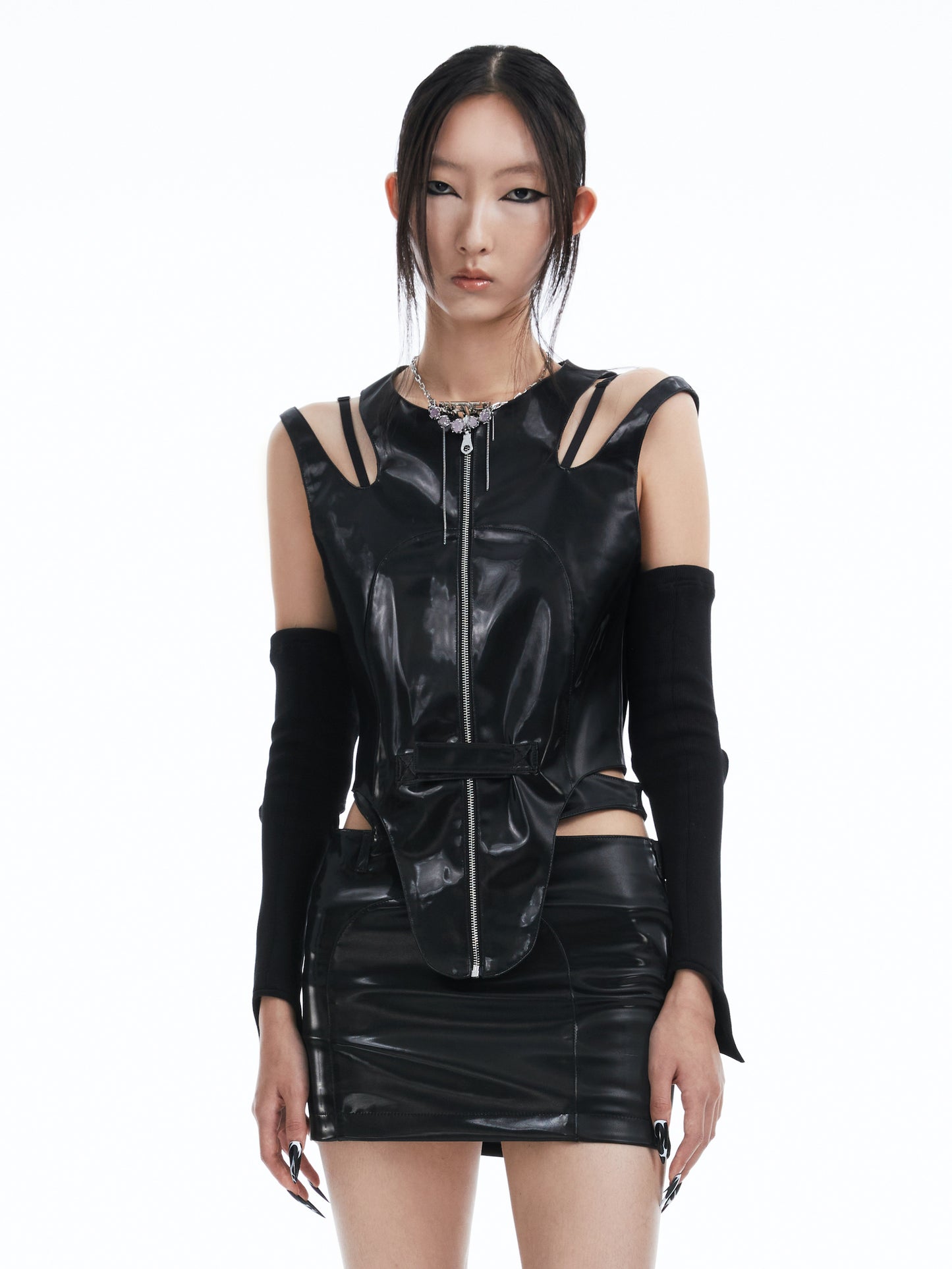 Metallic vegan leather cutout corset vest
