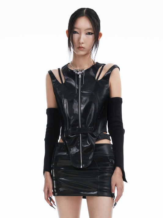 Metallic vegan leather cutout corset vest