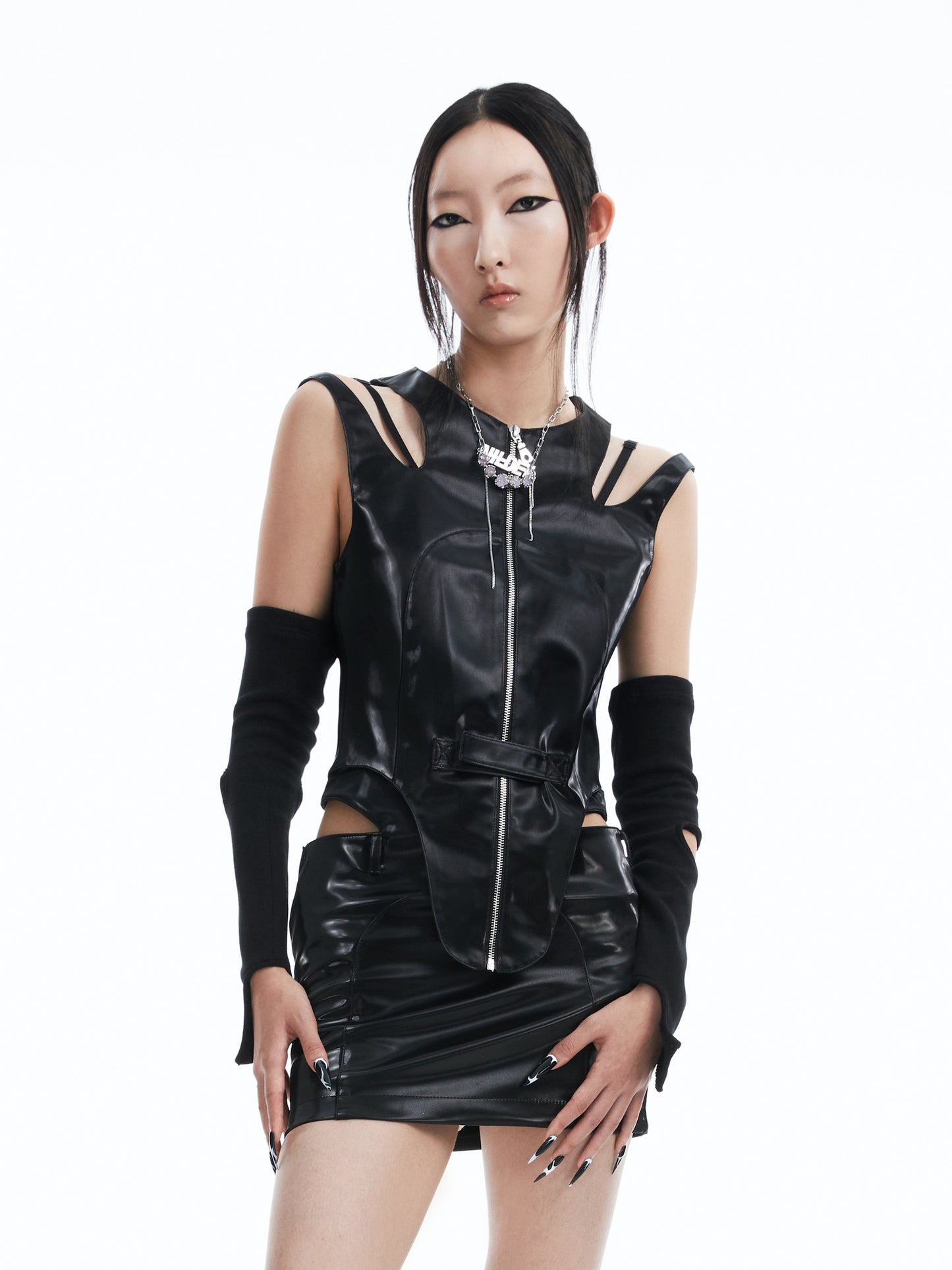 Metallic vegan leather cutout corset vest