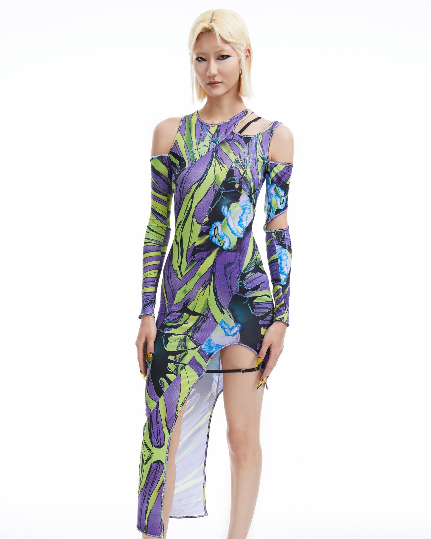 Monster lilac print cutout asymmetric spandex stretch dress