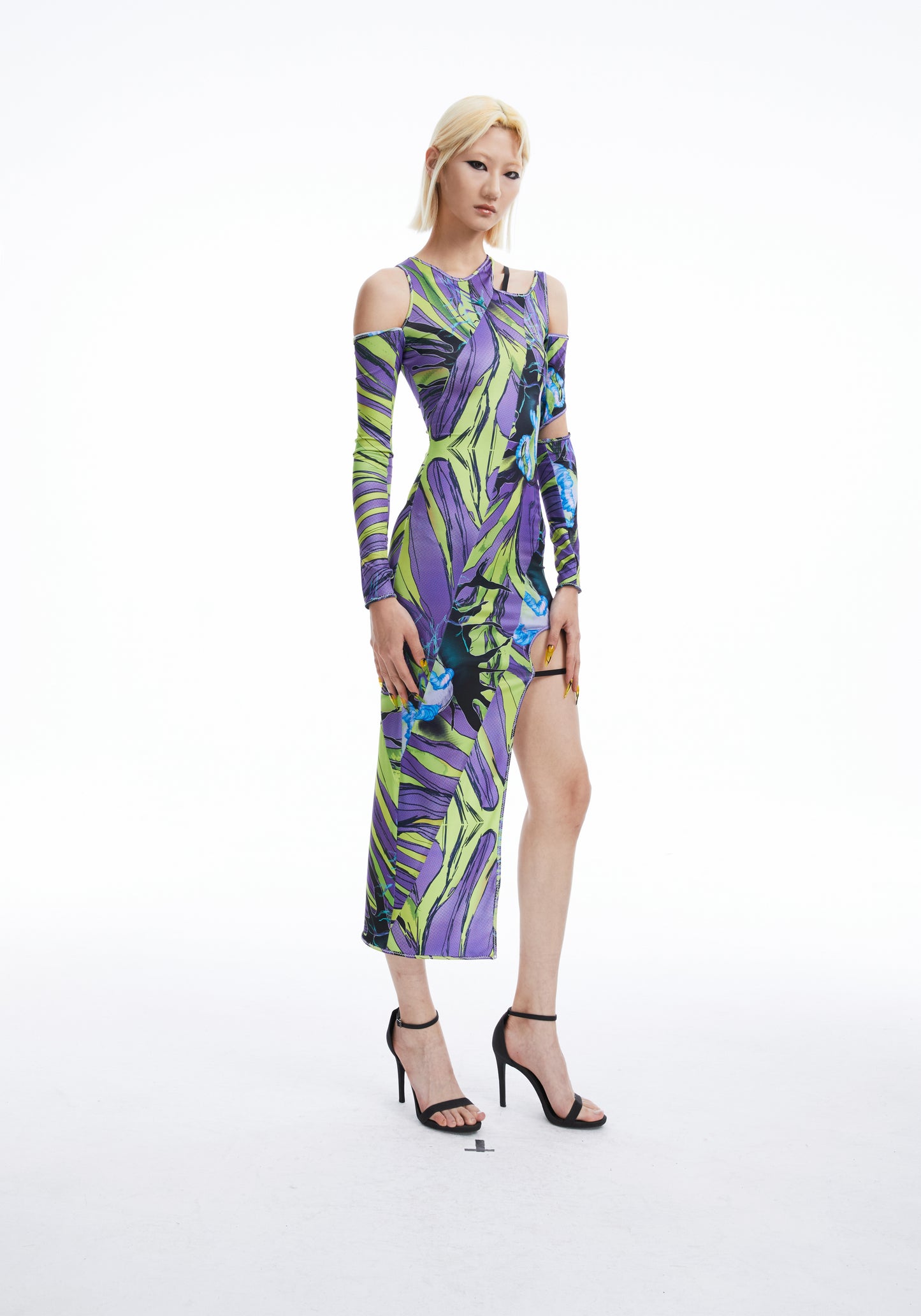 Monster lilac print cutout asymmetric spandex stretch dress