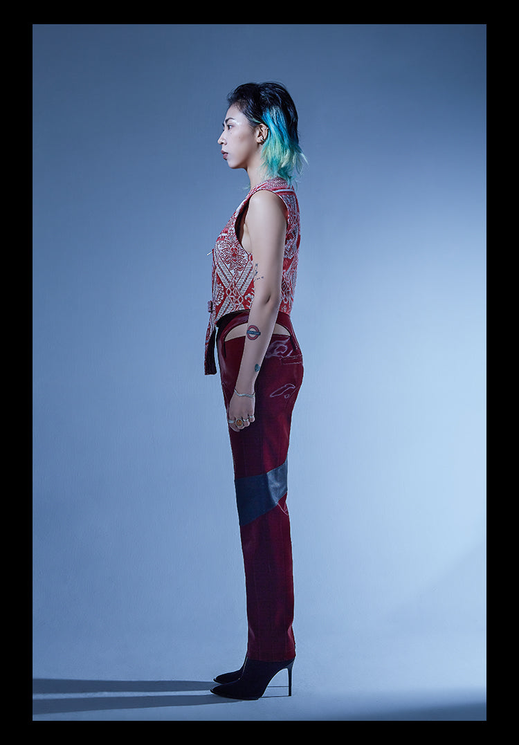 Upcycled red blanket racing unisex vest