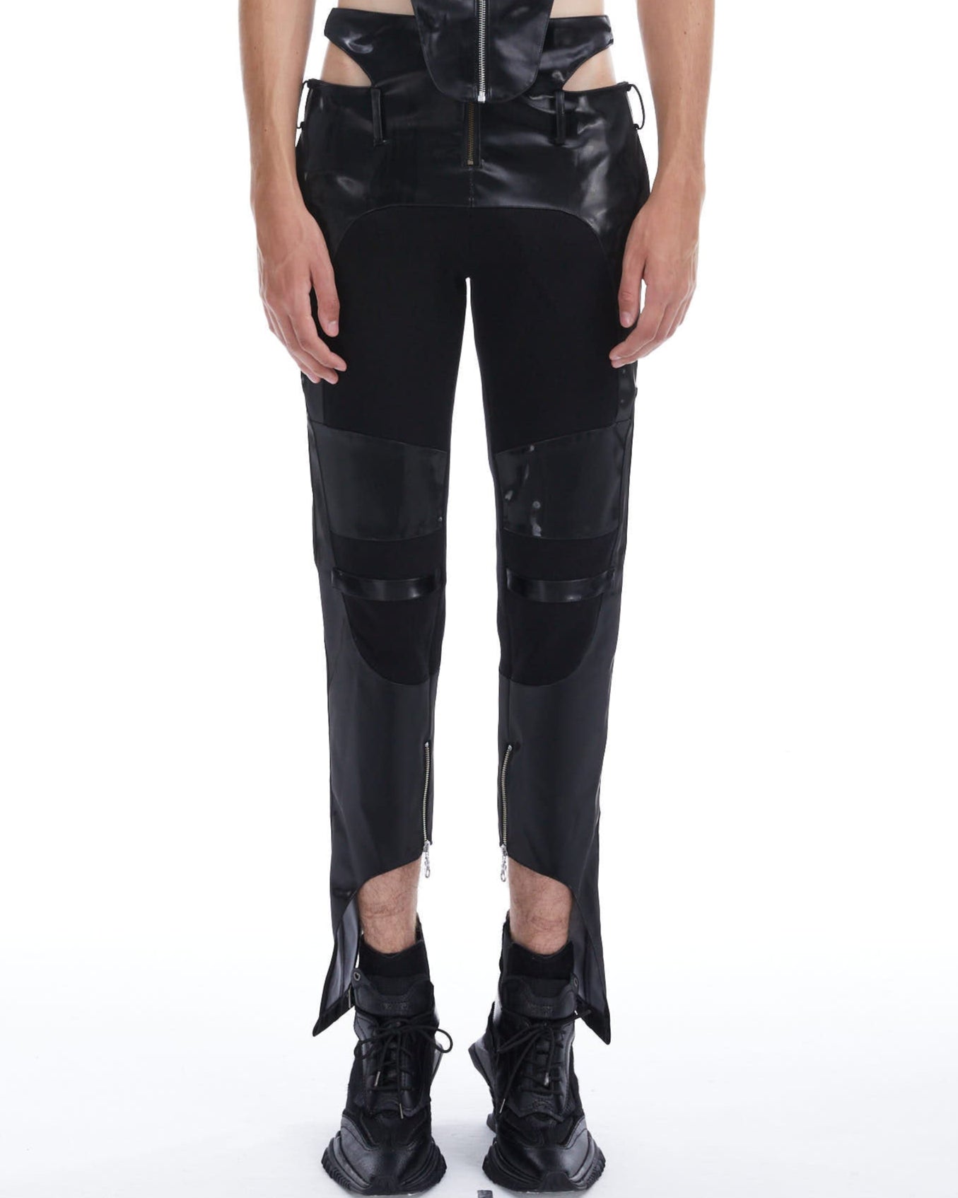 Metallic leather cutout trousers