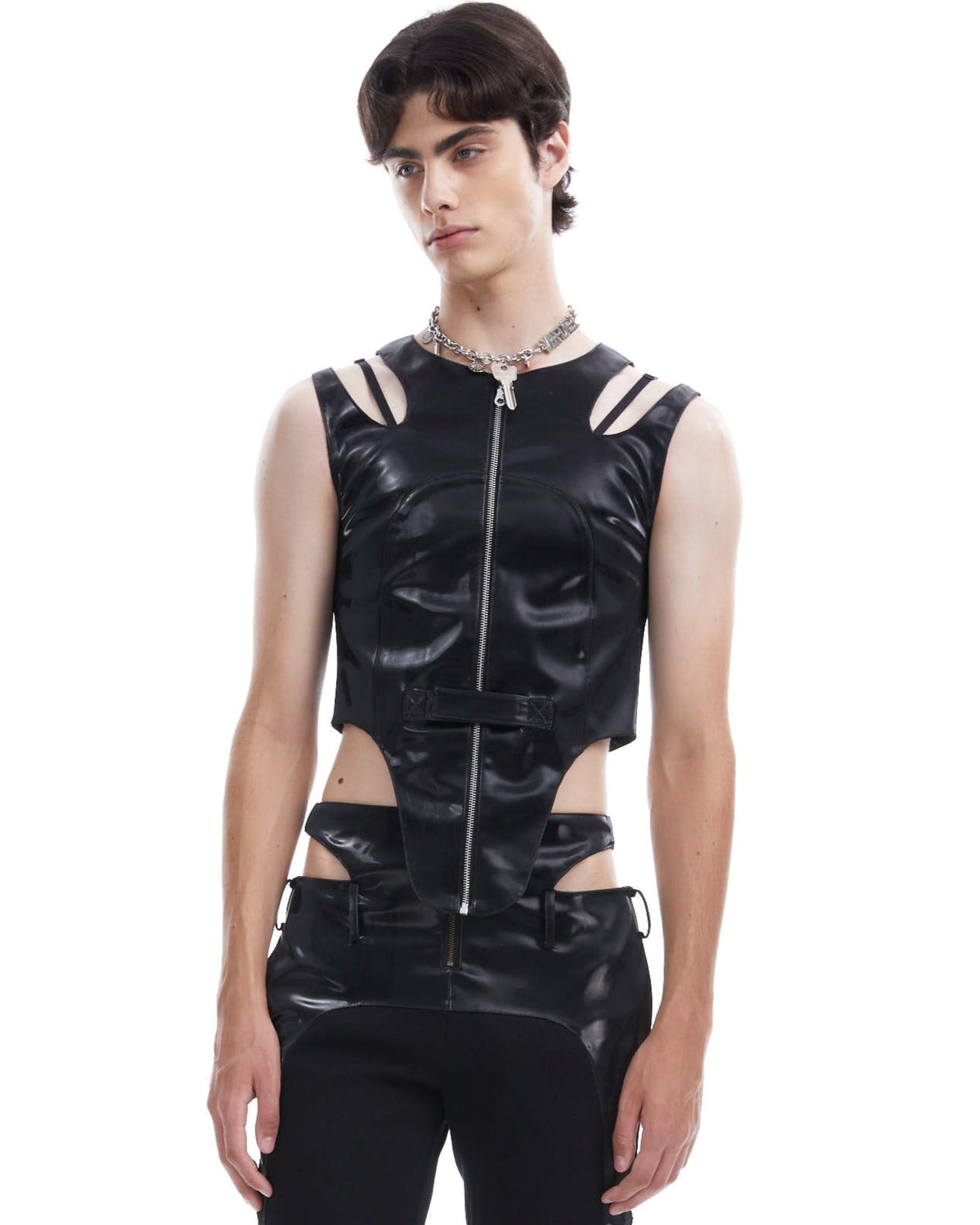Metallic leather cutout vest