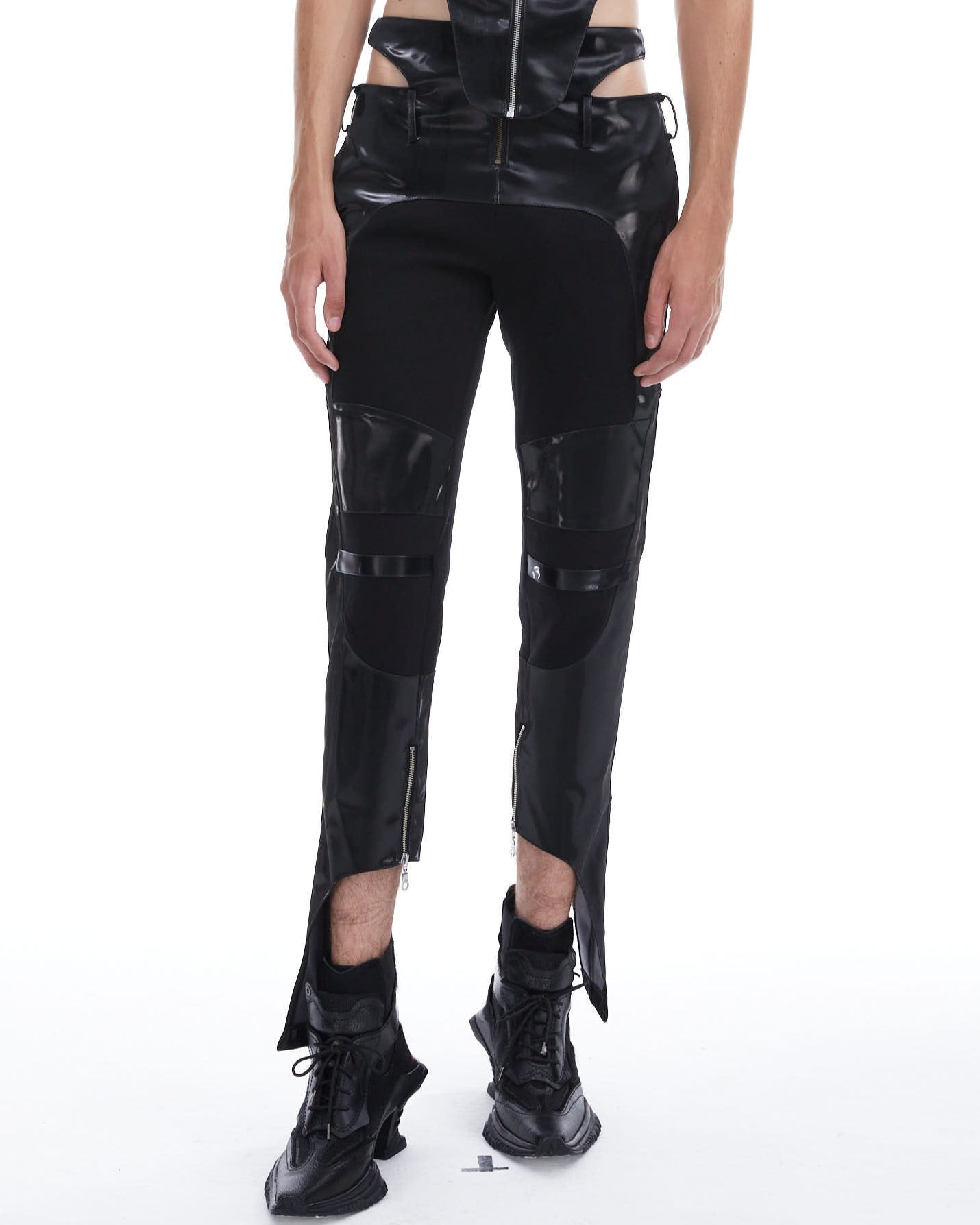 Metallic leather cutout trousers