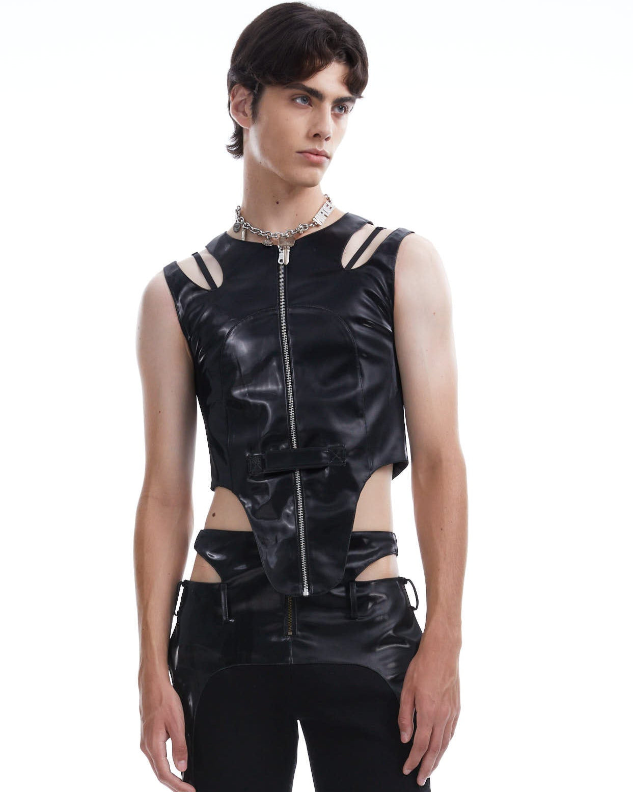 Metallic leather cutout vest