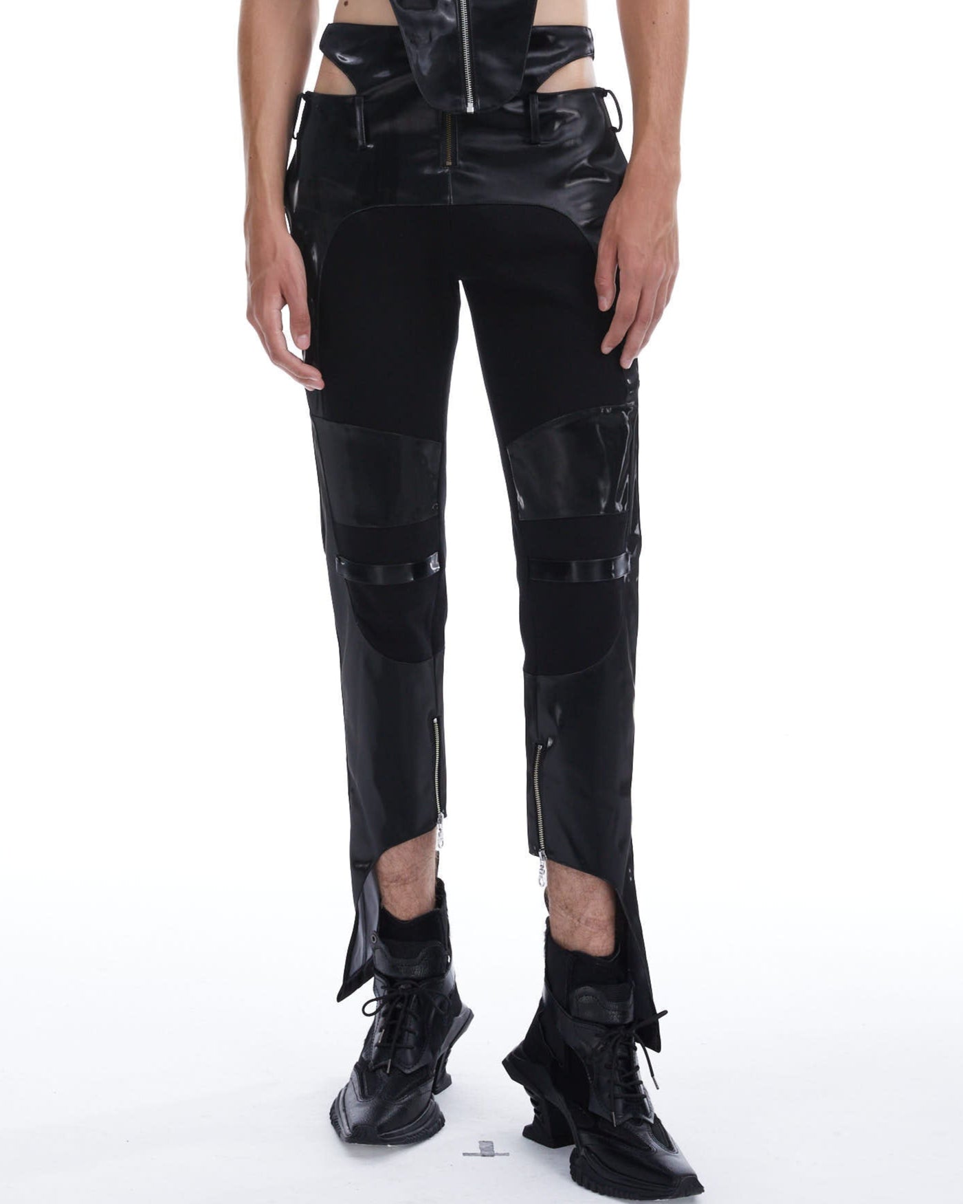 Metallic leather cutout trousers