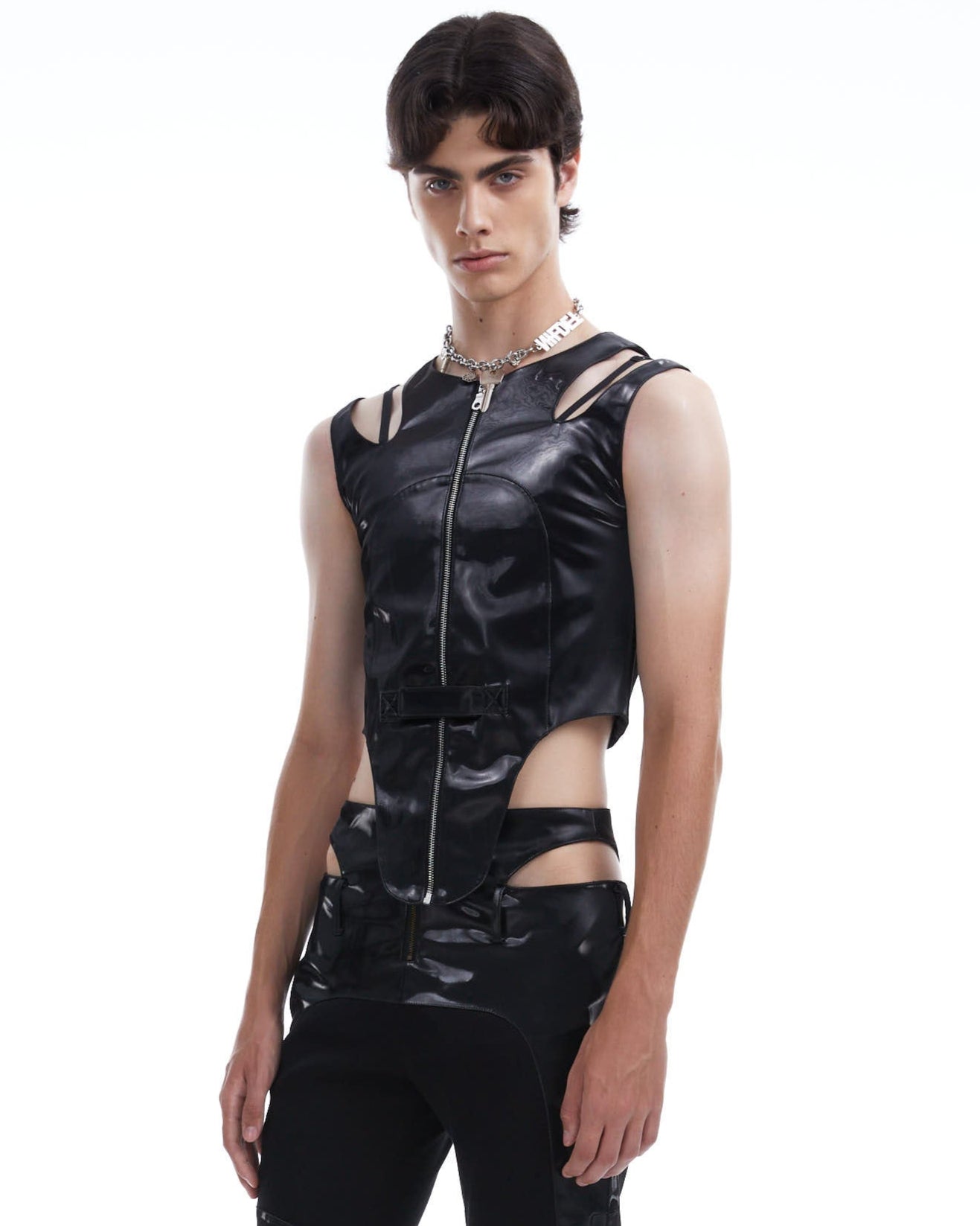 Metallic leather cutout vest