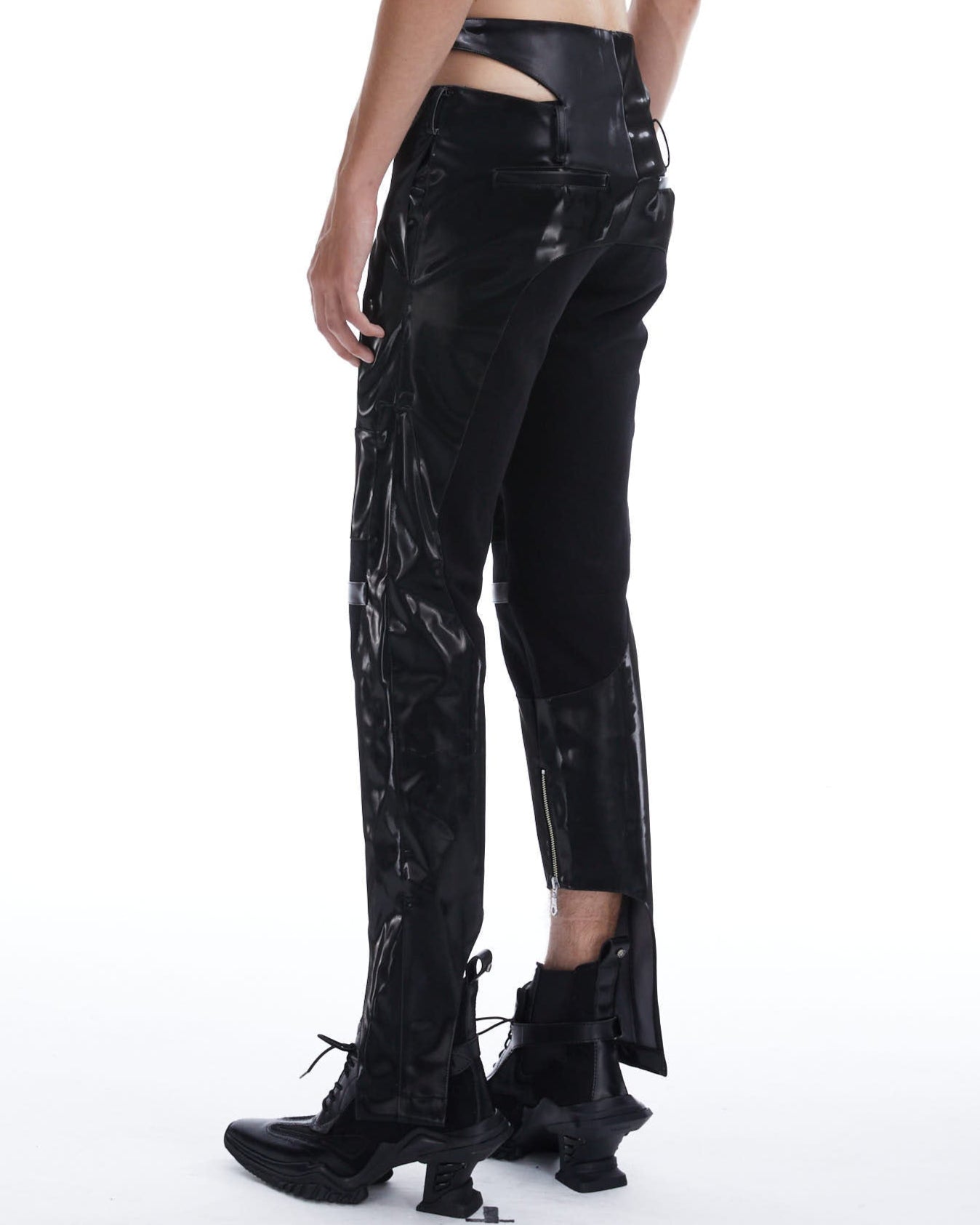 Metallic leather cutout trousers