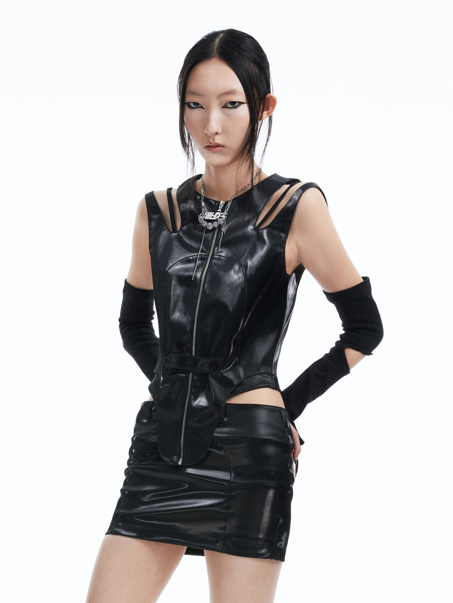 Metallic faux leather cutout corset vest